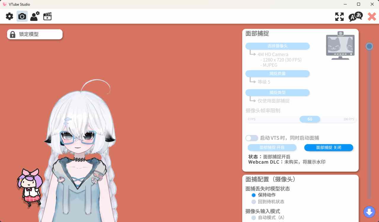 Vtube设置中开启面部捕捉